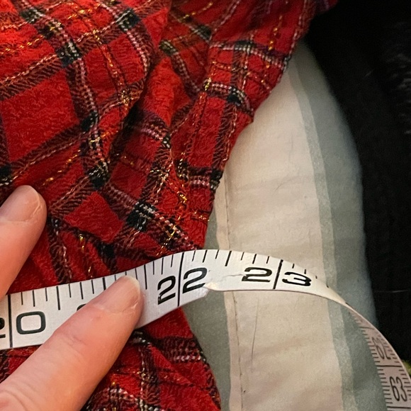 LOFT Ann Taylor Shimmer Red Plaid Tiered mini Dress size large gold buttons tie - Picture 16 of 16